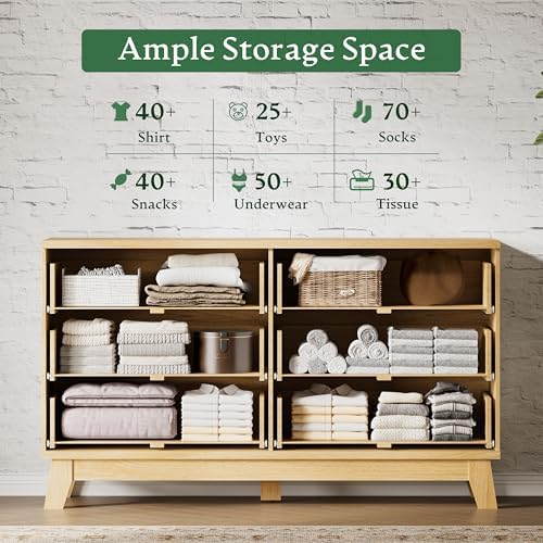 Xixini Fluted Dresser with 6 Drawers, 54" Wide Modern Chest of Drawers with Metal Handle, Wooden Dresser TV Stand, Wood Closet Clothes Storage Organizer for Bedroom, Living Room, Hallway, Natural Oak
