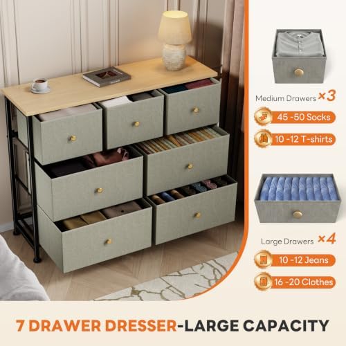 Sweetcrispy 7 Drawer Dresser for Bedroom Storage with Fabric Bin, Ink Green