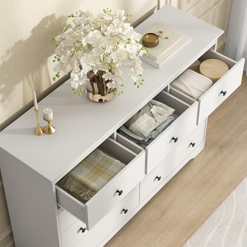 55 Inch Wide White Dresser for Bedroom, 9 Drawer Dresser with Large Drawers, Wood Chest for Living Room, Hallway