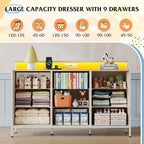 WLIVE Dresser TV Stand 9 Drawers, Fabric Chest of Drawers LED Lights, Cream