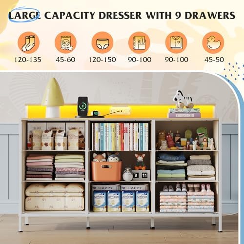WLIVE Dresser TV Stand 9 Drawers, Fabric Chest of Drawers LED Lights, Cream