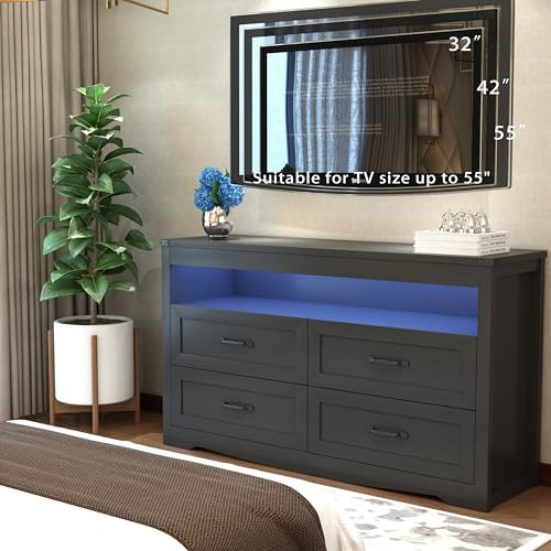 Wodeer Black Dresser for Bedroom, Wood 4 Drawer Dresser with LED Light, Dressers & Chests of Drawers with Metal Handles, Storage and Organization for Bedroom, Hallway, Entryway