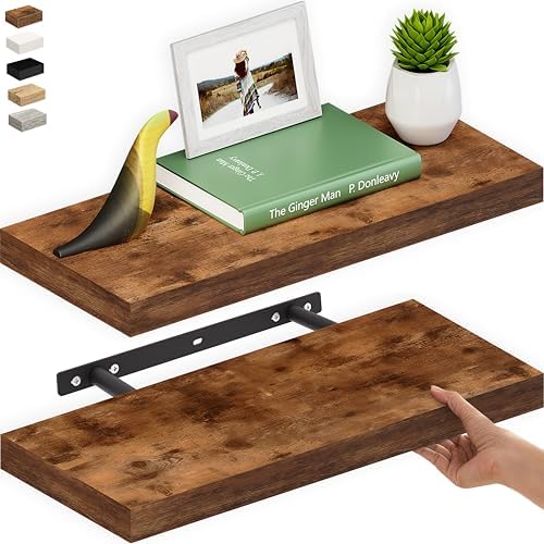 Ballucci Floating Shelf, 2-Pack 24" Rustic Brown Floating Shelves for Wall, Wood Wall Shelf for Home Décor, Floating Shelves for Bathroom, Living Room, Bedroom, 8" Deep Wall Shelves