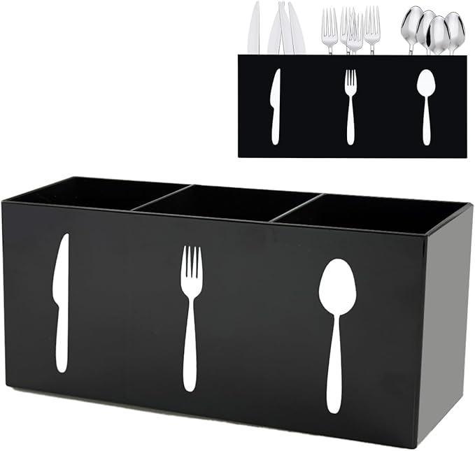 Silverware Organizer Countertop,Acrylic Small Silverware Caddy for Countertop,Knife Fork and Spoon Organizer for Kitchen Storage,Cabinet and Dining Room(Black)