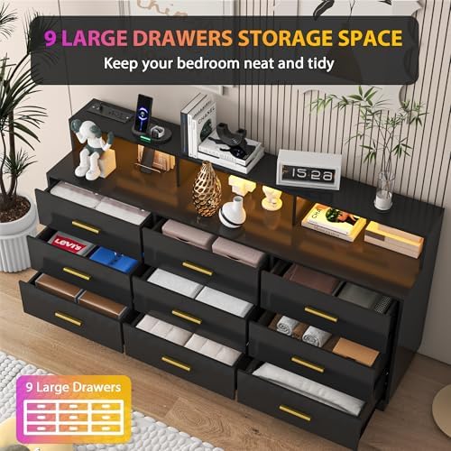 knoworld Black 9 Drawer Dressers for Bedroom, Modern Large Dresser with LED Light and Power Outlet, Wooden Long Dressers, Triple Dresser for Bedroom, Entryway, Hallway