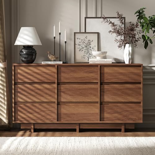 9 Drawer Walnut Dresser for Bedroom,59" Wide Mid Century Modern Dresser