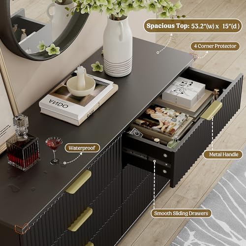 Wood Tall 6 Drawers Dresser, 53.2" W Fluted Modern Dressers for Bedroom