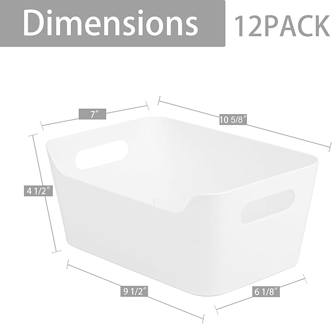 Tiawudi 12 Pack Storage Bins, Plastic Storage Containers, Multi-Use White Organizer Bins for Cabinet, Pantry, Drawer, Closet, Countertop or Shelves