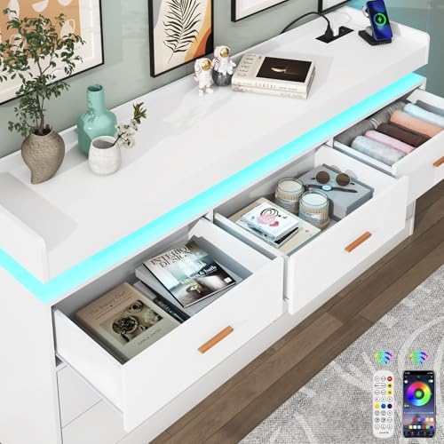 Hlivelood 7 Drawer Dresser with LED Light and Charging Station, Modern Chest of Drawers for Closet, Wide Drawer Organizer Cabinet for Bedroom, Living Room, Entryway, Hallway, White