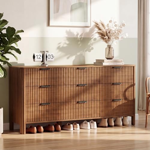 Wodeer 9 Drawer Dresser for Bedroom, 62" W Wide Wood Storage Cabinet with Fluted Design, Modern Chest of Drawers & TV Stand for Living Room, Nursery Clothing Organizer with Metal Slides, Anti-Tipping