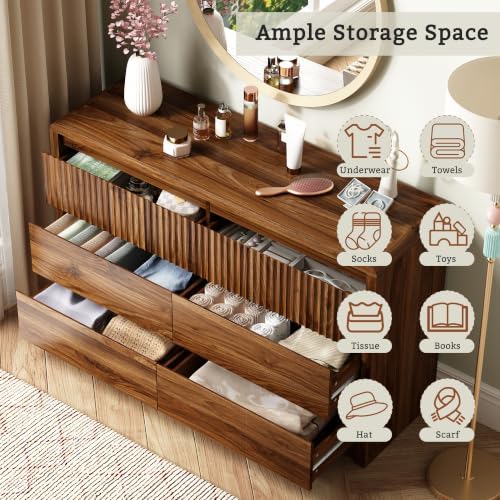 LYNSOM Walnut Fluted 6 Drawer Dresser for Bedroom, Curved Edge, 50" Wide
