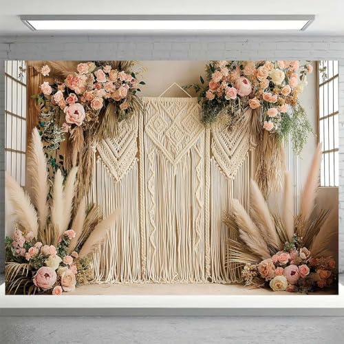 Bohemian Pampas Grass Art Photography Backdrops Retro Boho Flowers Window Photography Background Bohemian Room Backdrops Adult Birthday Wedding Maternity Portrait Decor Backdrop (5x3feet) - size: 5x3feet