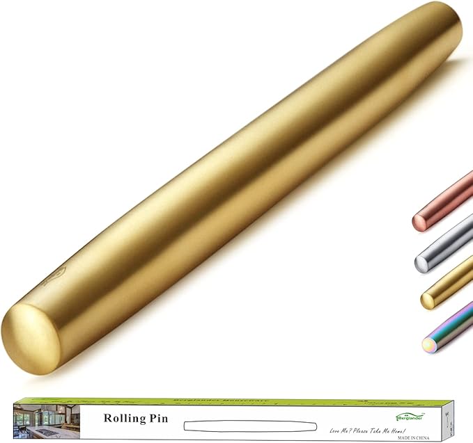 Berglander Gold Rolling Pin, 16.7 Inches Stainless Steel Matte Finish With Gold Titanium Plating Rolling Pin For Baking, Pizza, Dough, Pie, Cookie, Essential Kitchen Utensil Gift Ideas For Bakers.