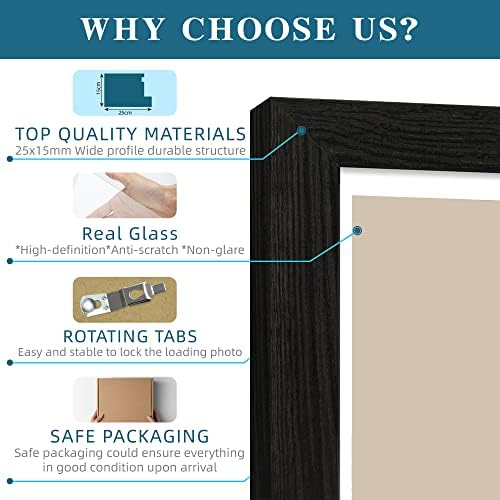 Hongkee 9x12 Picture Frame Set of 4, Made of Glass and Rustic Black Wooden Frame - Display Picture 6x8 with Mat or 9 x 12 Without Mat, 9 by 12 Photo for Wall or Tabletop