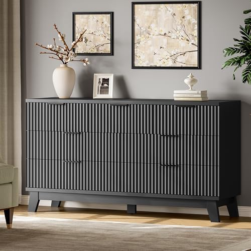 Xixini Fluted Dresser with 7 Drawers, 58" Wide Wood Chest of Drawers with Metal Handle, Wooden Dresser TV Stand, Modern Closet Clothes Storage Organizer for Bedroom, Living Room, Hallway, Solid Black