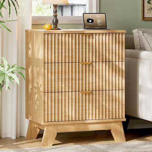 Xixini Fluted Nightstand with Charging Station, Tall Bedside Table, Oak