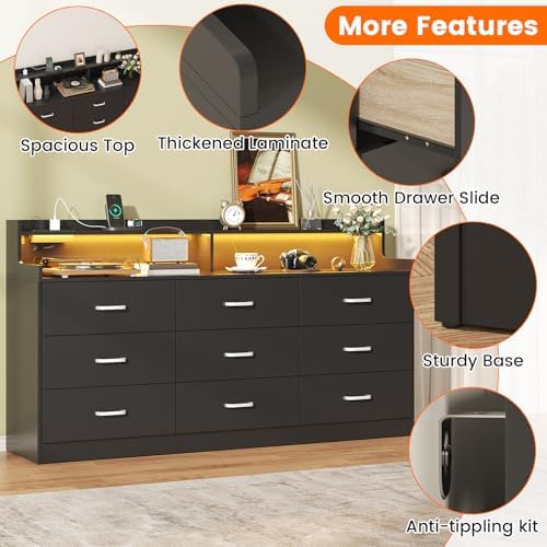 Bigbiglife 9 Drawer Dresser with Built in Power Outlet and LED Light, Modern Chest of Drawers for Bedroom, Triple Wide Drawer Organizer Cabinet for Living Room, Entryway, Hallway, Black