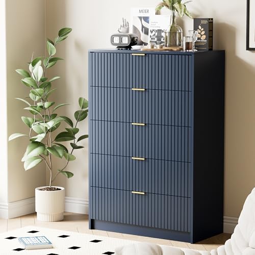 Furniway Blue Dresser for Bedroom, Modern Dresser with 5 Drawers and Smooth Slides, Wide Chest of Drawers with Golden Handles for Bedroom, Living Room, Closet, 15.7" D x 31.5" W x 47.2" H