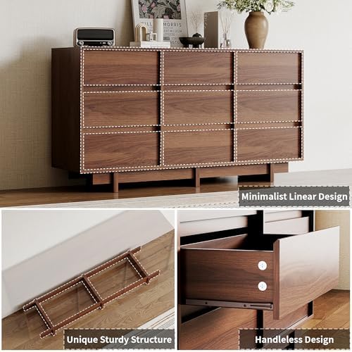 9 Drawer Walnut Dresser for Bedroom,59" Wide Mid Century Modern Dresser