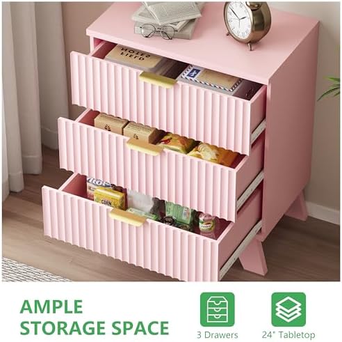 Xixini Fluted Dresser for Bedroom with 3 Drawers, 24" Wide Modern Chest of Drawers with Metal Handle, Wooden Dresser TV Stand, Wood Closet Clothes Storage Organizer for Living Room, Hallway, Pink