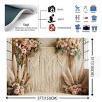 Bohemian Pampas Grass Art Photography Backdrops Retro Boho Flowers Window Photography Background Bohemian Room Backdrops Adult Birthday Wedding Maternity Portrait Decor Backdrop (5x3feet) - size: 5x3feet