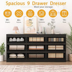 70 INCH 9 Drawers Dresser with Charging Station, Modern Large Dresser with 9 Handle Free Drawers, Wood Storage Chest of Drawers for Bedroom, Living Room, Entryway, Hallway, Black