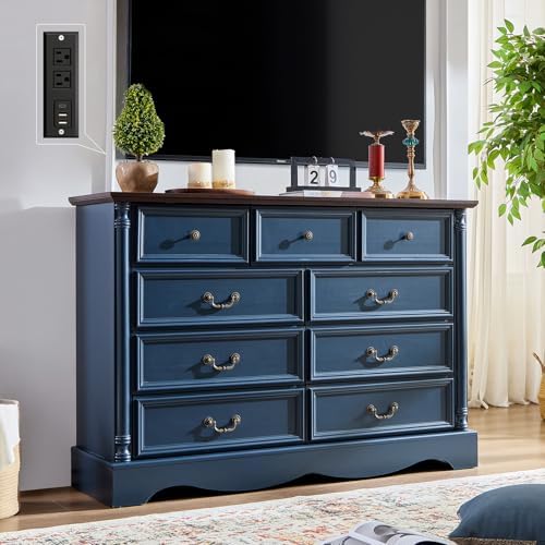 Farmhouse 9-Drawer Dresser with Charging Station for Bedroom
