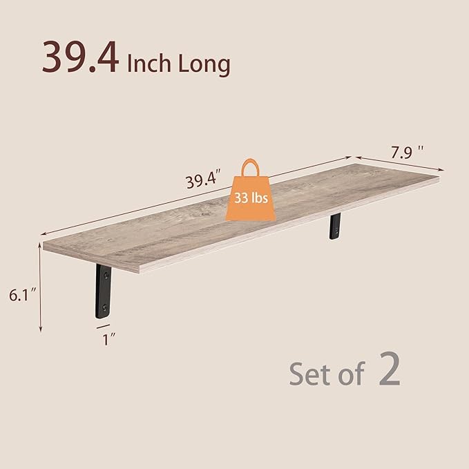 DINZI LVJ Long Wall Shelves, 39.4Inch Wall Mounted Shelves Set of 2, Extra Large Floating Storage Ledges with Sturdy Metal Brackets for Living Room, Bathroom, Bedroom, Kitchen, Greige