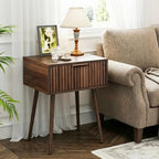 VINGLI Nightstands Set of 2, Fluted Night Stand with Drawer, Bedside Table, Wood Nightstand for Bedroom, Mid Century Modern End Tables, Walnut, 18.9" W*14.96" D*24" H