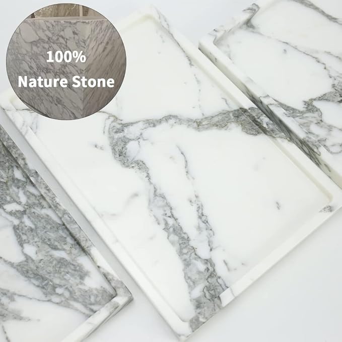 Real Luxurious Natural Marble Vanity Tray Genuine Marble Storage Tray for Home Decor Stone Tray for Bathroom/Kitchen/Vanity/Dresser Non-Resin/(arabescato)