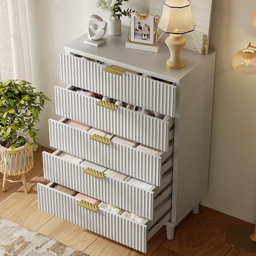 Wood Tall 5 Drawers Dresser, 27.6" W Fluted Modern Dressers for Bedroom