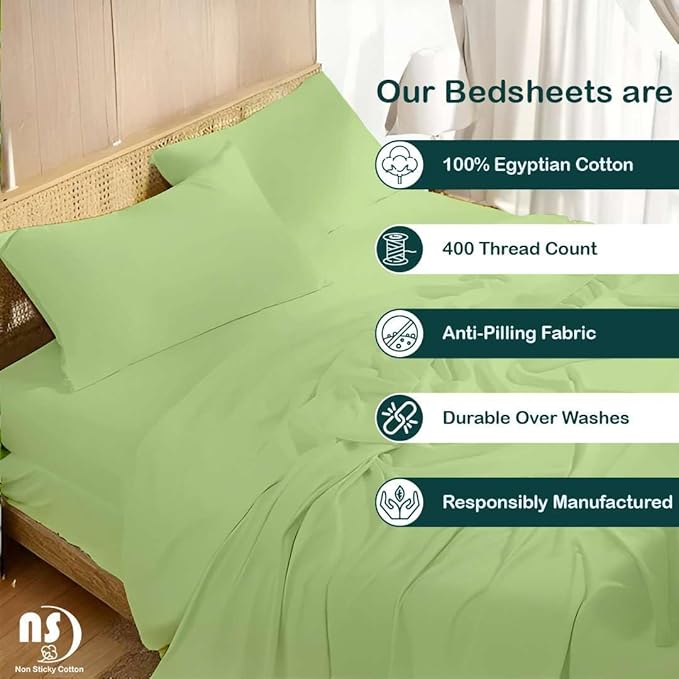 NON Sticky cotton Queen Size Sleeper Sofa Sheets, 4 Piece Egyptian Cotton Bed Sheet Set for Sofa Bed, 6" Deep Pocket Fitted Sheet for Pull Out Couch Mattress, 60" x 75", Sage Solid, Soft & Breathable