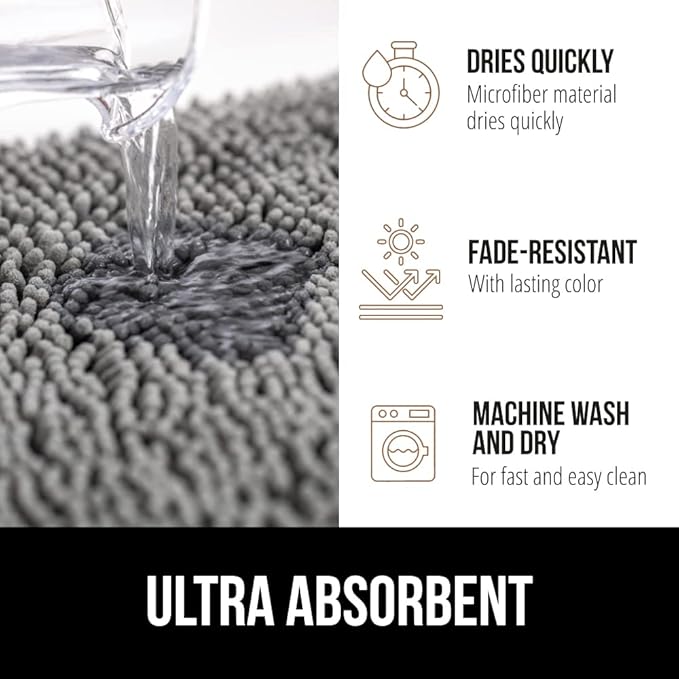 GORILLA GRIP Bath Rug Mat 54x24, Thick Soft Absorbent Chenille, Quick Dry Microfiber Mats, Rubber Backing Washable Shower Floor Rugs, Bathmat Runner, US Designed Bathroom Home Decor Accessories Grey