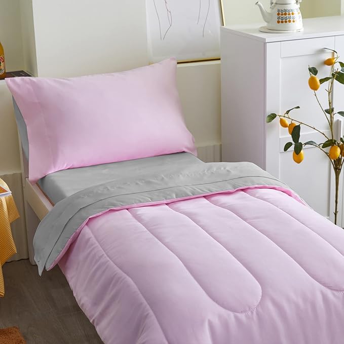 UOZZI BEDDING 4 Pieces Toddler Bedding Set Ultra Soft and Breathable Toddler Sheet Set - Includes Comforter, Flat Sheet, Fitted Sheet and Pillowcase - Pink & Gray
