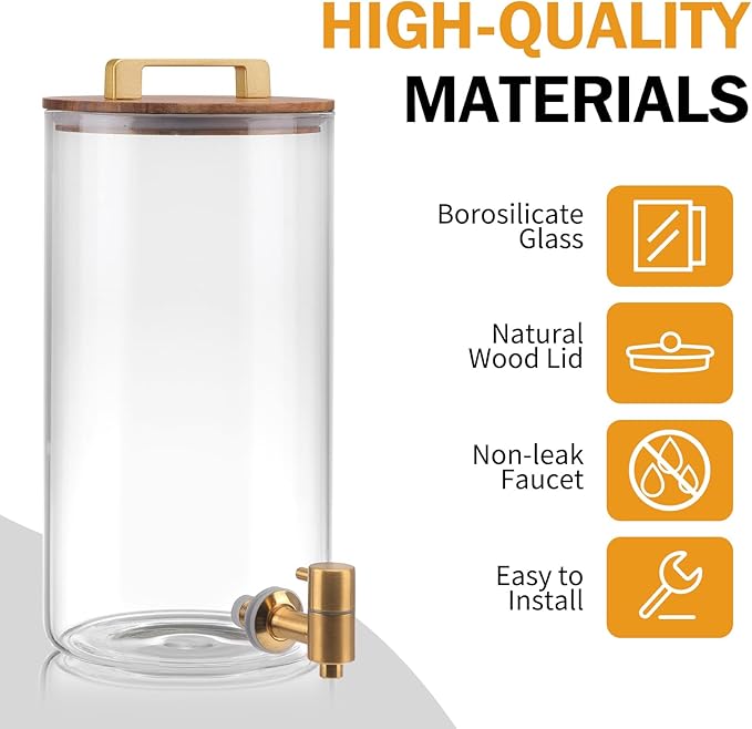 2 PCS 1.5 Gallon Glass Drink Dispenser, Beverage Dispenser With Wood Stand, Lid and Stainless Steel Spigot, Large Water Dispenser for Parties, Perfect for Lemonade, Juice, Tea and Daily Drinks