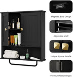 RRX Bathroom Cabinet Wall Mounted Medicine Cabinets with Towels Bar, Over The Toilet Storage Cabinet with 2 Doors and Adjustable Shelf, White Wall Cabinet for Bathroom Laundry Kitchen (Black)