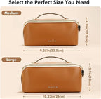 Prite Makeup Bag for Women Travel Waterproof Vegan Leather Cosmetic Bag Open Flat Toiletry Bag With Clear Divider and Handle (New Brown, Medium)
