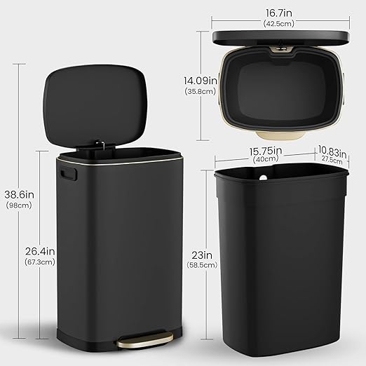 ELPHECO Kitchen Trash Can with Lid Soft Close, 13 Gallon / 50L Stainless Steel Pedal Garbage Can, Heavy-Duty Fingerprint Proof Step Wastebasket with 20 Bags, Removable Bucket, Home Office, Matte Black