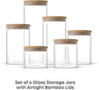 JoyJolt Borosilicate Glass Jars With Bamboo Lids. 6 Pc Set of Air Tight Sealable Containers. Food Jar Canisters with Airtight Lid for Pantry Storage and Kitchen Organization.
