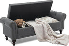 SOFTHION 58.1" Storage Bench Upholstered Linen End of Bedroom Bed Bench Ottoman with Tufted Cushioned Rolled Arm Large Storage Space for Reading Living Room Entryway, Grey