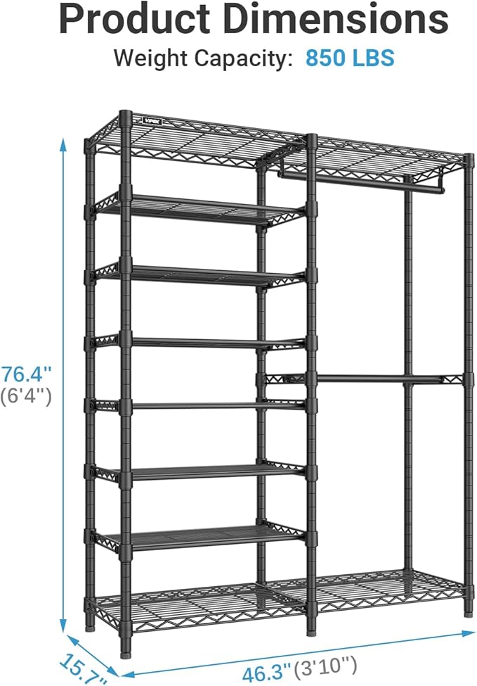 VIPEK S2 Heavy Duty Clothes Rack with Shoe Shelves Freestanding Clothing Rack with 8-Tier Shoe Rack, Double Hanging Rod, Adjustable Shelf, Walk in Closet Organizer Garment Rack, Black