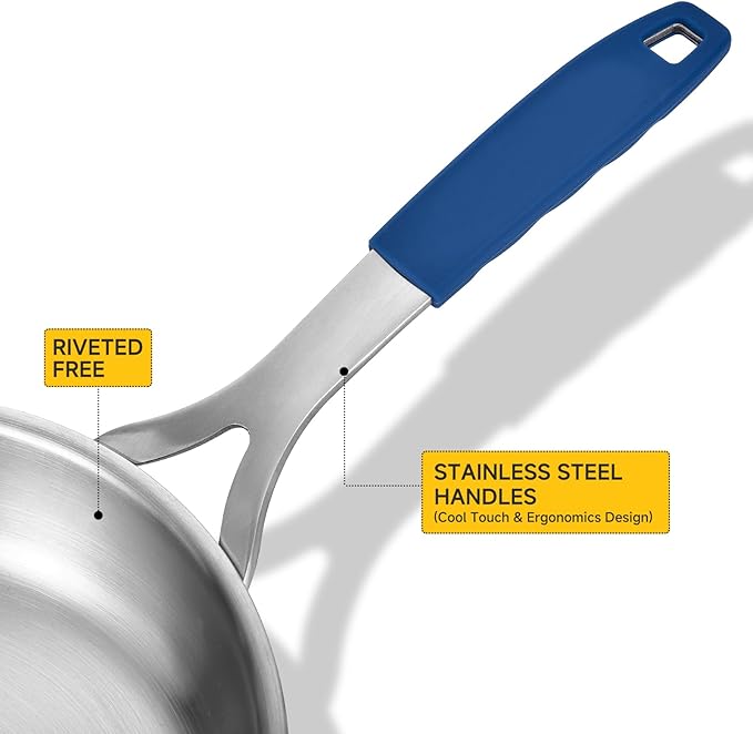 Inqibee 8.5-10-12 Inch Stainless Steel Pans Set with Lid, Detachable Handle