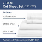 Cot Sheet Set 25” x 75” – Easy-Fit Cot Size Mattress Sheets – Ideal for Narrow Twin, Camper Bunk, RVs, Twin Bunks, Day Care and Camping Cots - Cot Size Fitted Sheet fits 6” to 10” Mattresses – White