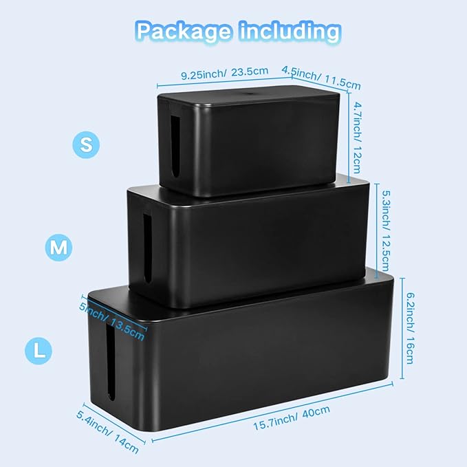 Cable Management Box, 3 Pack Cord Organizer Boxes with 33 PCS Cable Management Set to Cover Hide Power Strip, Surge Protector Under Desk & on Floor, Wire Concealer for Home Office Computer TV (Black)