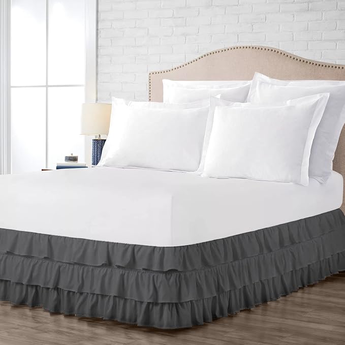 Multi-Ruffle Bed Skirt, Soft Multi Ruffle Bed Skirt Elastic Dust Ruffles with Wrap Around Bed Skirt Easy Fit with 18 Inch Drop 100% Cotton 800 Thread Count Bed Skirt (Olympic Queen, Dark Grey)