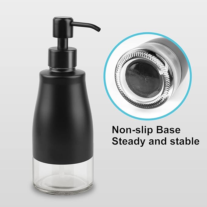 AUMIO Soap Dispenser with Non-Slip Silicone Pad, 2 Pack Kitchen Dish Refillable Liquid Dispensers, Matte Black Hand Soap Dispenser for Bathroom, Stainless Steel Case Glass Liner Hand Pump Dispensers