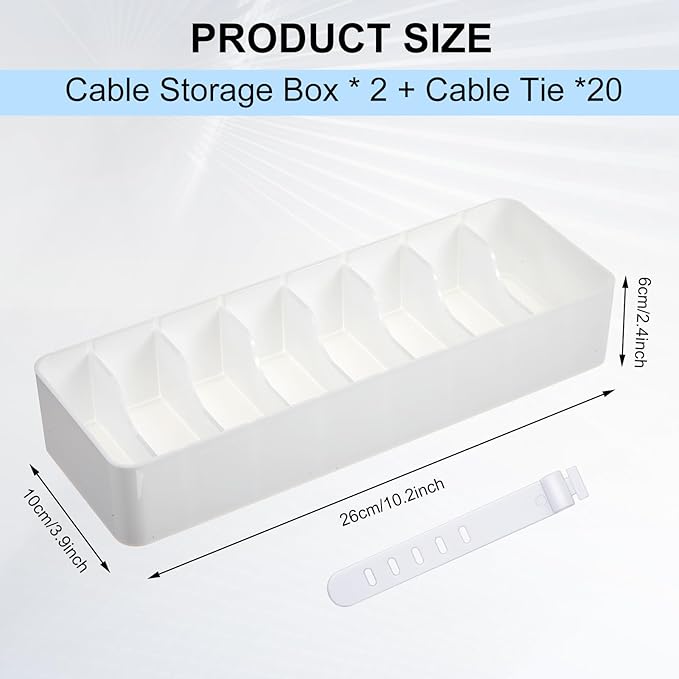Tatuo 2 Pcs Cable Organizer with 20 Wire Ties, Plastic Cord Storage Charger Electronics Box with Adjustment Compartments for Drawer Home Office Desk Accessories (White)