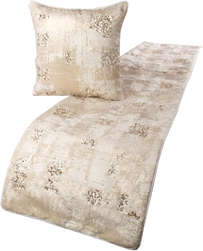 The HomeCentric Ivory Bed Runner Without Pillow Cover, King Size 90"x18" Decorative Bed Runner, Ivory Velvet Bed Scarf in Foil Velvet with Sequin - Creative Grudge