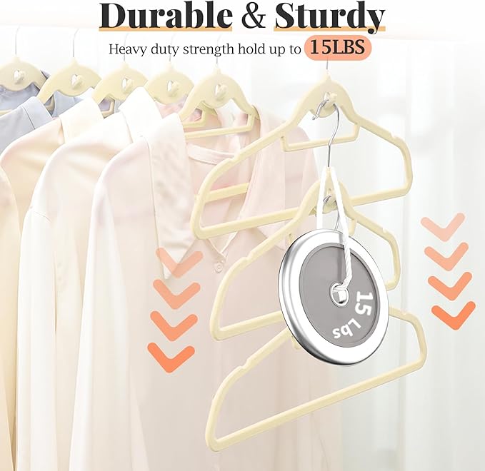 Velvet Felt Stackable Hangers 50 Pack, Non Slip, with 360° Swivel Hook, Ultra Thin and Space Saving for Suits, Shirts, Coats, 15Lbs Capacity Heavy Duty, Ivory