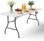 6ft Folding Table with Handle, Heavy Duty Plastic Table, 300 lbs Portable Table, Reinforced Steel Legs, High Density Plastic, Ideal for Parties, Picnics, Weddings, Camping White